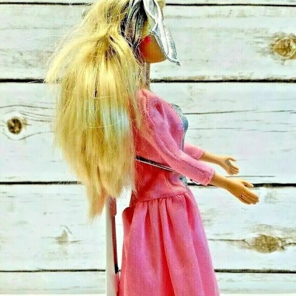 MATTEL BARBIE Blonde Hair Blue Eyes Pink Gray Long Dress 12" Tall - Picture 5 of 12